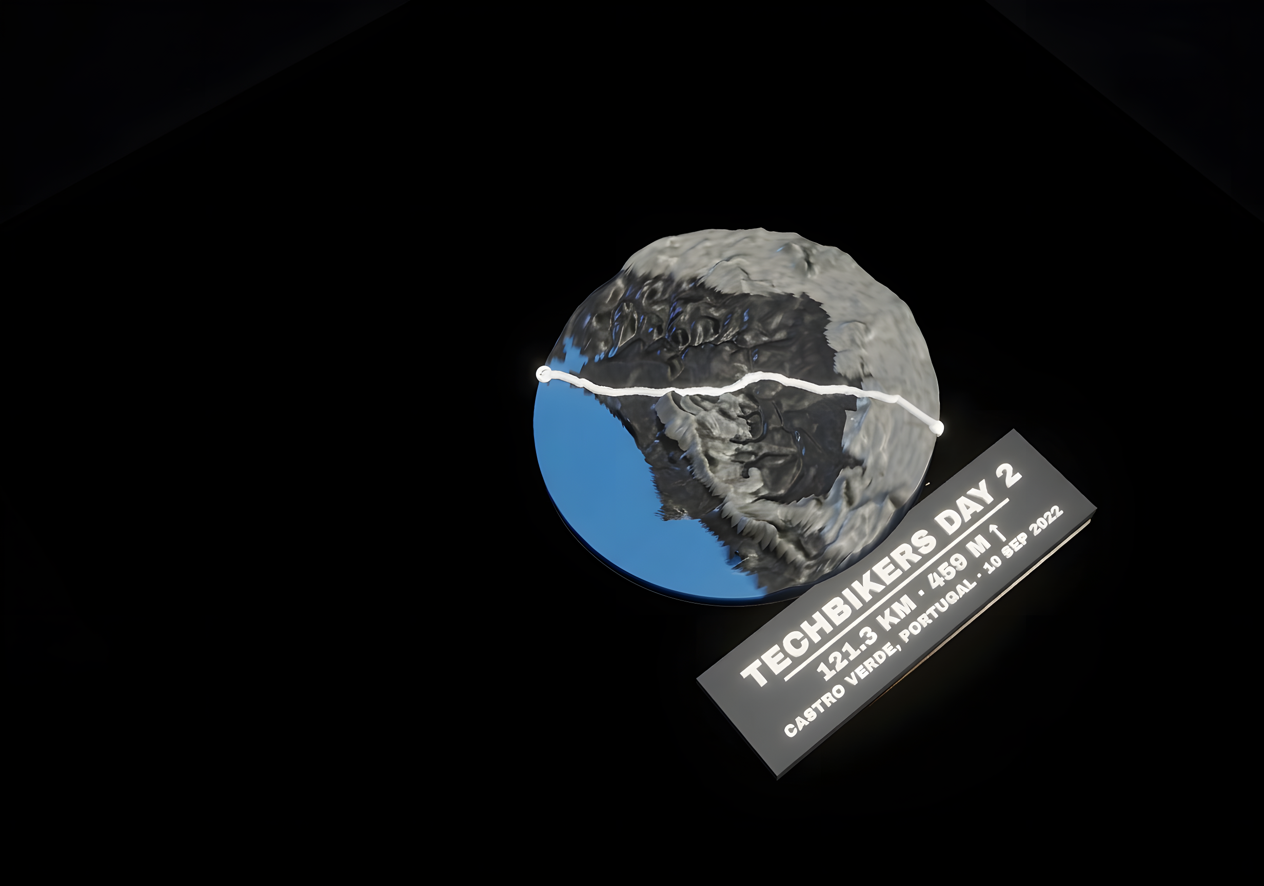A route plaque: terrain relief with the route raised on top